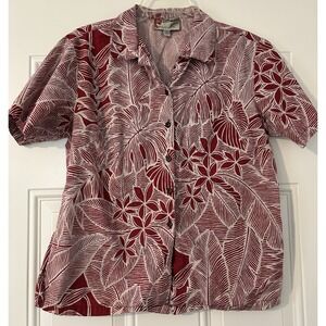 Hilo Hattie Floral Women's  L Short Sleeve Button-Up Cotton Shirt Red/White